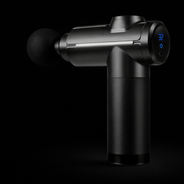 Black massage gun on a black background